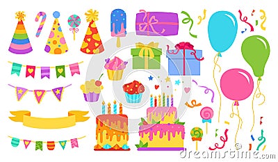 Birthday party surprise cartoon set holiday celebrate greeting anniversary invitation design Vector Illustration