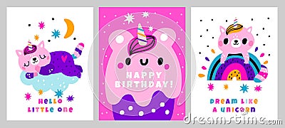 Birthday party sweets greeting cards. Funny unicorn kittens with cake and rainbow. Baby gifts. Pink magic animals. Magic Vector Illustration