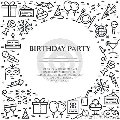 Birthday party theme horizontal banner. Set of elements of cake, present, champagne, disco, firework and other Vector Illustration