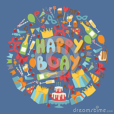 Birthday party vector anniversary cartoon kids happy birth cake or cupcake celebration with gifts and birthday hat Vector Illustration