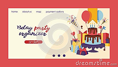 Birthday party vector anniversary landing page design cartoon kids happy birth cake or cupcake celebration with gifts Vector Illustration