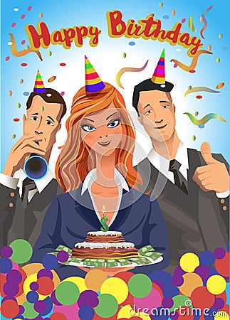 Birthday party vector illustration, friends with presents, gifts, holding cake, wearing celebration hats. Vector Illustration