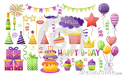 Birthday party vector illustration set, cartoon element for fun happy anniversary day celebrate, gift decoration icons Vector Illustration