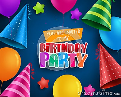 Birthday party vector invitation greeting card design with colorful birthday hats Vector Illustration