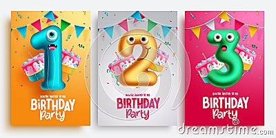 Birthday party vector poster set design. Birthday greeting text lay out collection with inflatable number balloons Vector Illustration