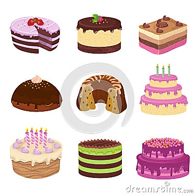 Birthday party vector tasty cakes. Anniversary decorating cake and cupcakes Vector Illustration