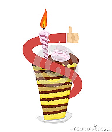 Birthday piece of cake. Hand thumb up. Great sweets. Confectionery products for holiday. Dessert and candle on plate Vector Illustration