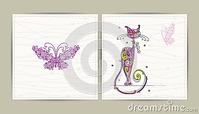 Birthday postcard with cute cat and butterfly for Vector Illustration