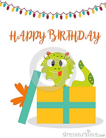 Birthday postcard or invitation with cute monster and present Vector Illustration