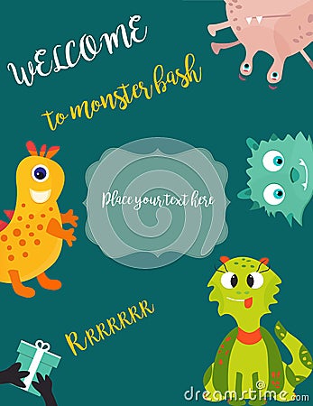 Birthday postcard or invitation with cute monsters and text Vector Illustration