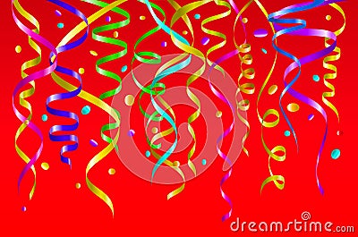 Birthday red background with curling streamers and confetti, illustration. tinsel vector color Vector Illustration