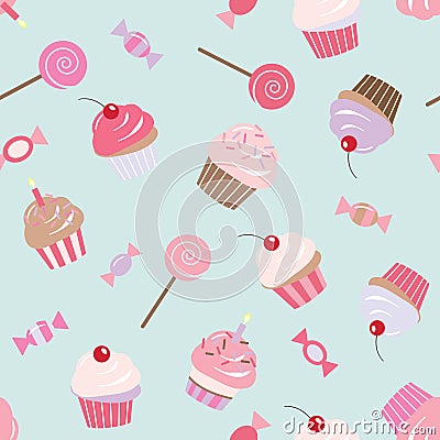 Birthday seamless pattern background with cupcakes, sweets, candies. Vector Illustration