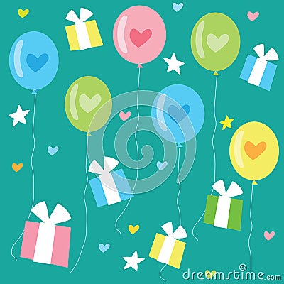 Birthday Seamless Pattern With Color Balloons, Hearts And Gifts. Vector Illustration