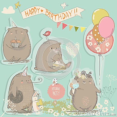 Birthday set with cute bears Vector Illustration