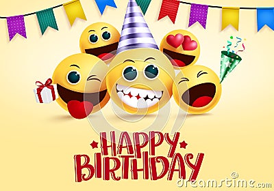 Birthday smiley emojis vector greeting. Happy birthday greeting text in empty space for messages with yellow smileys emoji. Vector Illustration