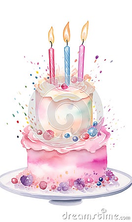 Birthday strawberry cake with candles on white background with copy space Cartoon Illustration