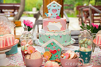 Birthday table with sweets for children party Stock Photo