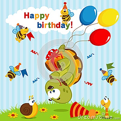 Birthday turtle flown on balloons Vector Illustration