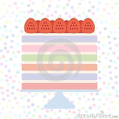 Birthday, valentine`s day, wedding, engagement. Sweet cake, strawberry cream, Cake Stand, pastel colors on white polka dot backgr Vector Illustration