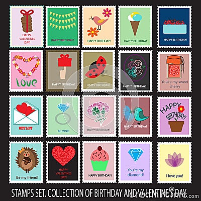 Birthday and Valentine's stamps collection Vector Illustration