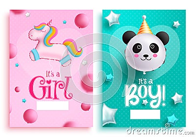 Birthday vector poster set design. Baby shower gender reveal girl or boy decoration with unicorn and panda balloons Vector Illustration