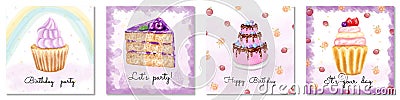 Birthday watercolor cards. Set with postcards of cakes and cupcakes. Iridescent cards and with watercolor stains Stock Photo