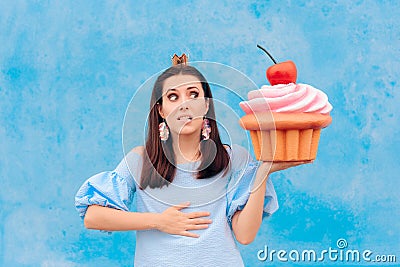 Birthday Woman Eating Cupcake Feeling Sick Stock Photo
