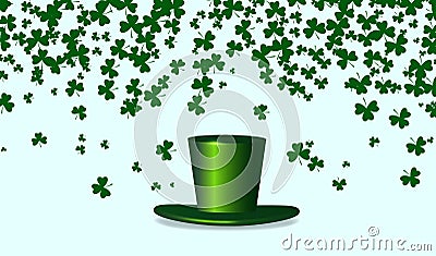 Leprechaun green top hat and clover leaves Vector Illustration