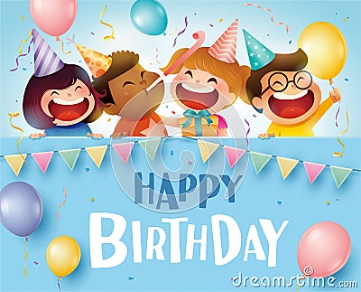 Happy birthday children girls and boys with confetti. Vector Illustration