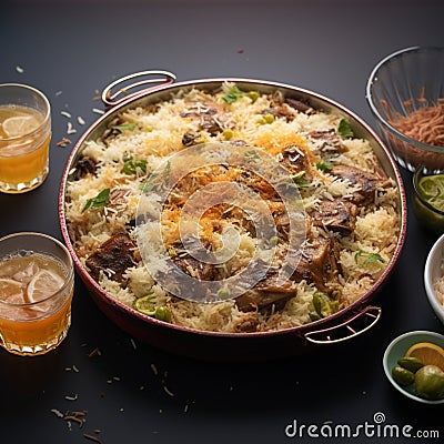 Biryani delight Mutton biryani meal served on a table plate Stock Photo