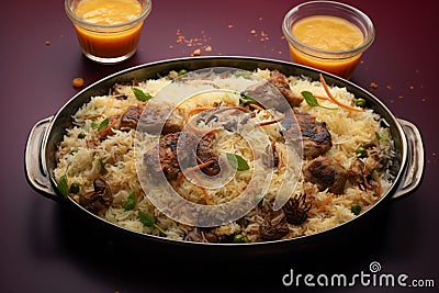 Biryani delight Mutton biryani meal served on a table plate Stock Photo