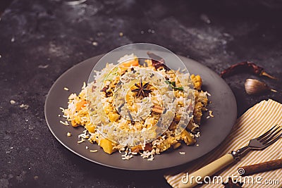 Biryani rice Vegetable biryani. Indian basmati rice, curry vegetables and spices. Indian kitchen Stock Photo