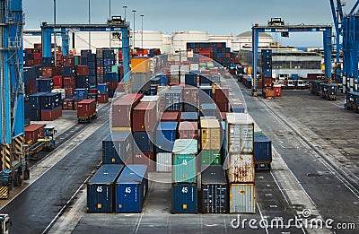 BirÅ¼ebbuÄ¡a / Malta - May 25 2019: Cargo freight containers at the Freeport transhipment hub trade port Editorial Stock Photo