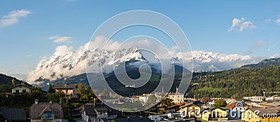 Bischofshofen, Pongau, Salzburger Land, Austria, landscape on the city and the alps. Fresh snow at the begin of Autumn Stock Photo