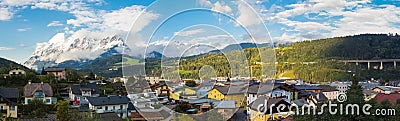 Bischofshofen, Pongau, Salzburger Land, Austria, landscape on the city and the alps. Fresh snow at the begin of Autumn Stock Photo