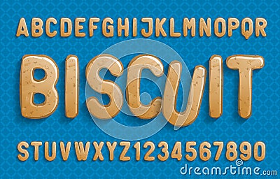 Biscuit alphabet font. Cartoon cookie letters and numbers. Vector Illustration