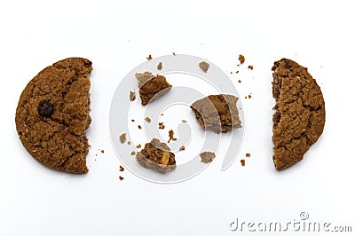 Biscuit with chocolate chip flavored. Some broken and crumbs of crunchy delicious sweet meal and useful cookie. Stock Photo