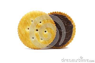 Biscuit sandwich cracker chocolate cream flavoured. Inside and outside of crunchy delicious sweet meal and useful cookies. Stock Photo