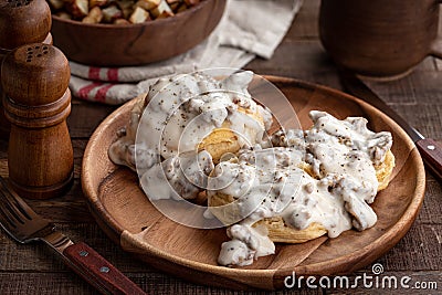 Biscuits and Creamy Sausage Gravy Stock Photo