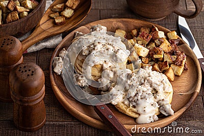 Biscuits and Creamy Sausage Gravy Stock Photo