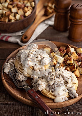 Biscuits and Creamy Sausage Gravy Stock Photo