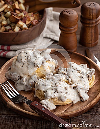 Biscuits and Creamy Sausage Gravy Stock Photo