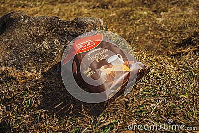 Biscuits packaging upon lawn polluting the nature Editorial Stock Photo