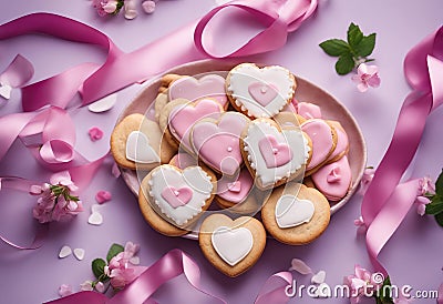 biscuits pink view14 hearts violets treat white flat girlish gift style february ribbon blooming satin cookies top gently Pretty Stock Photo