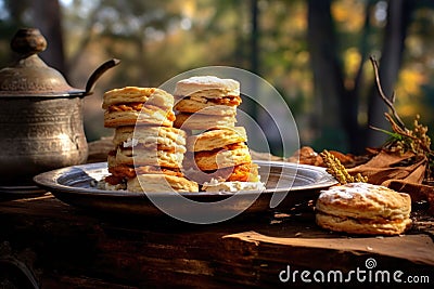 biscuits stacked on a rustic plate outdoors Stock Photo