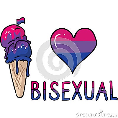 Cute bisexual ice cream cone cartoon illustration motif set. LGBTQ bi sweet treat elements for pride blog. Typography Cartoon Illustration