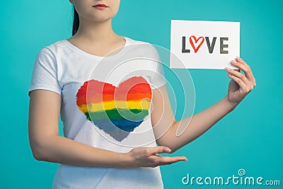 bisexual love gay pride lgbt woman rainbow flag Stock Photo