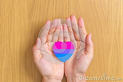 Bisexuality Celebrate Day and LGBT pride month, LGBTQ+ or LGBTQIA+ concept. Hand holding purple, pink and blue heart shape for Stock Photo