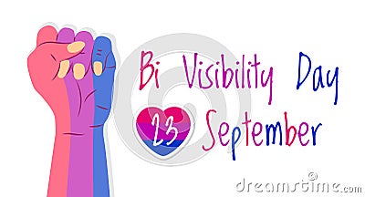 Bisexuality day concept vector. Hand is painted in bisexual pride colors. Heart with pink stripes and 23 September is written. Bi Cartoon Illustration