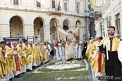 Bishop and Priests in the religious procession of Corpus Domini Editorial Stock Photo